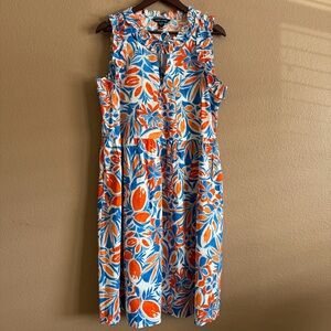 Maggy London Sleeveless Blue and Orange Midi Dress with Ruffle Neckline Size 14